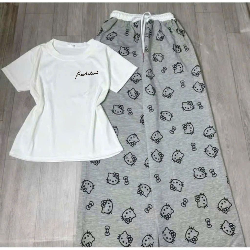 Sét Áo Thun Ngắn Tay From Babytee Logo Chữ Kí Mix Quần Dài Cạp Trắng Hoạ Tiết Mèo Kitty Đáng Yêu