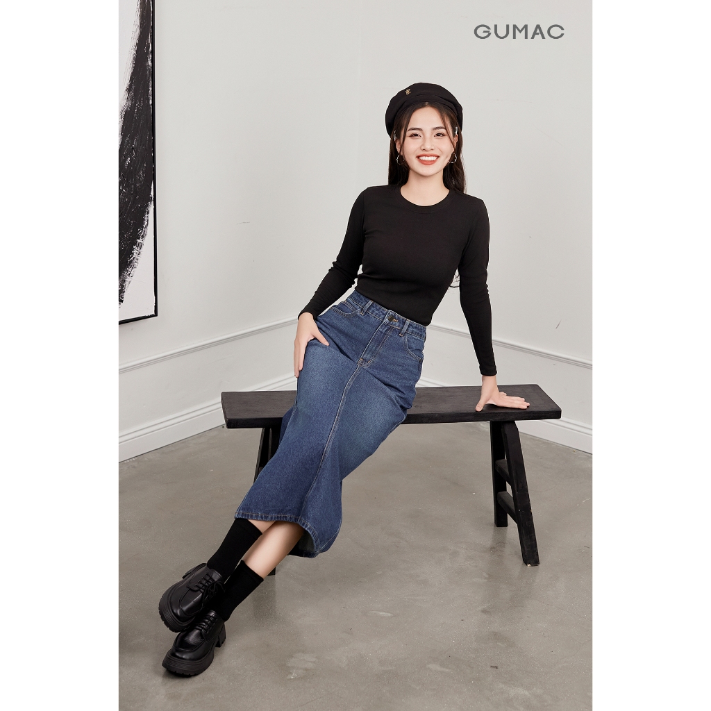 Chân Váy Jeans Nữ GUMAC Chân Váy Bút Chì Dáng Midi Xẻ Tà Tôn Dáng Trẻ Trung VD12037
