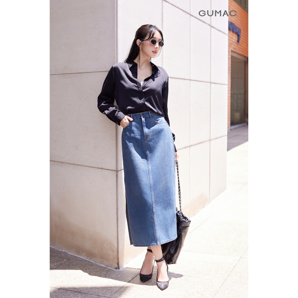 Chân Váy Jeans Nữ GUMAC Chân Váy Bút Chì Dáng Midi Xẻ Tà Tôn Dáng Trẻ Trung VD12037