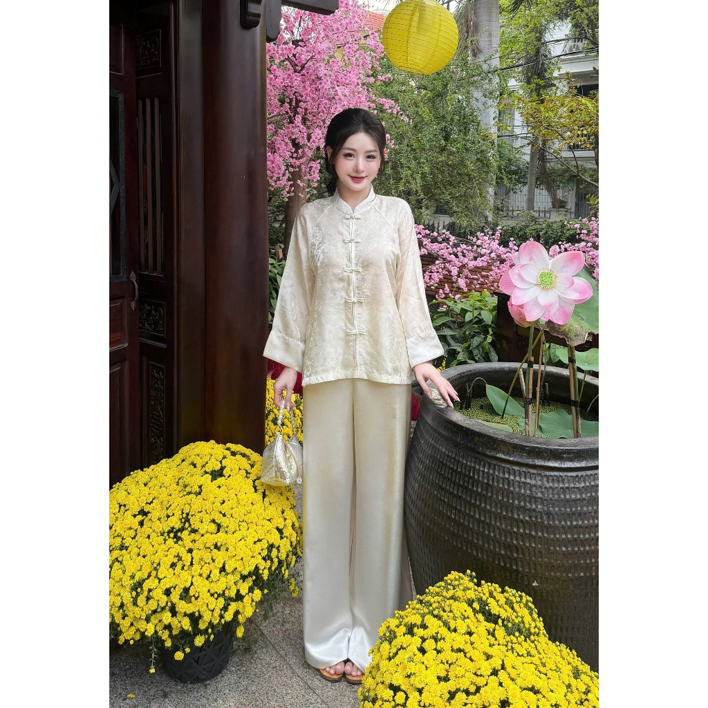 Pháp phục đi chùa Châu Sa gấm tằm hoa cao cấp Đồ lam đi chùa cách tân dài tay cổ trụ lụa gấm mềm mịn