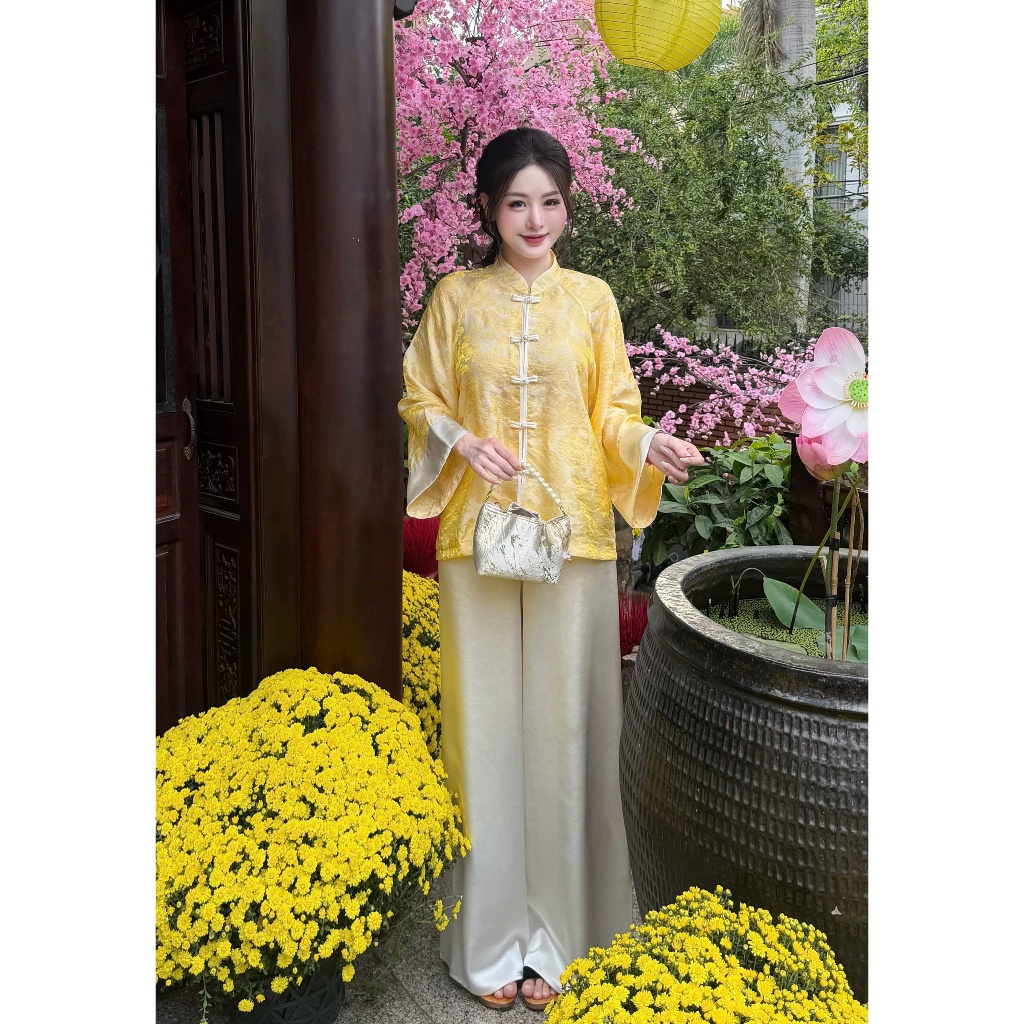 Pháp phục đi chùa Châu Sa gấm tằm hoa cao cấp Đồ lam đi chùa cách tân dài tay cổ trụ lụa gấm mềm mịn