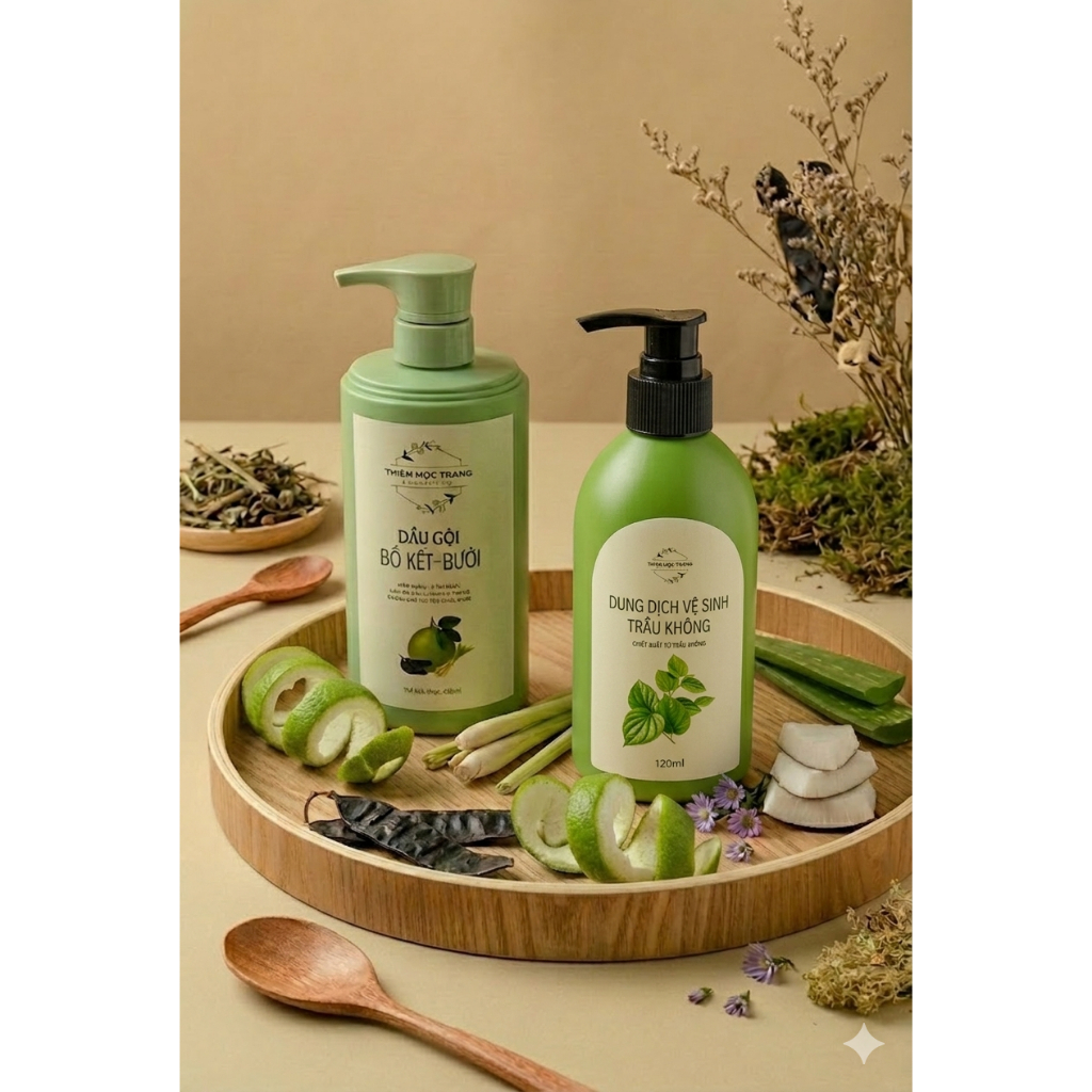 Combo Chăm Sóc Thảo Mộc Mộc Dưỡng Nhiên - Dầu Gội Bưởi Bồ Kết & Dung Dịch Vệ Sinh Trầu Không Kháng Khuẩn