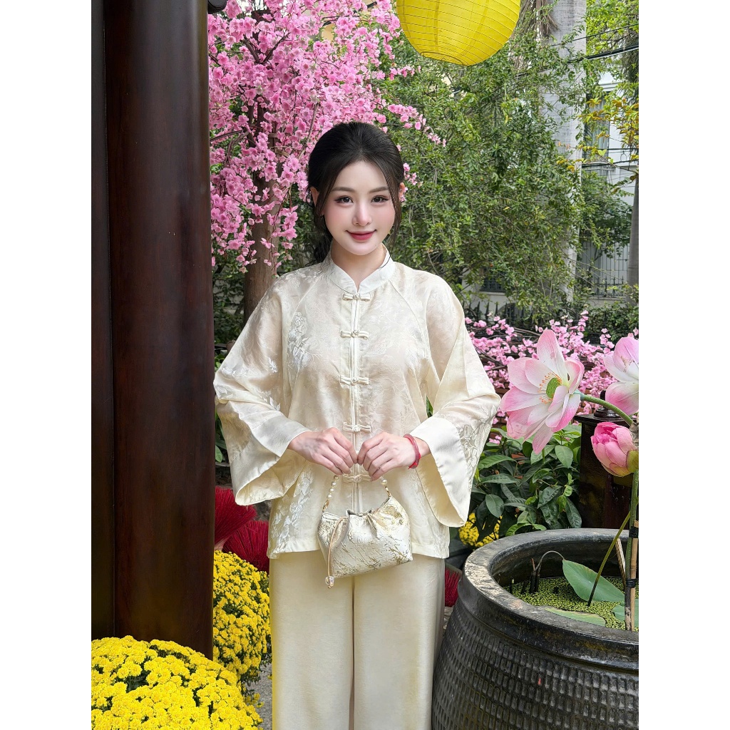 Pháp phục đi chùa Châu Sa gấm tằm hoa cao cấp Đồ lam đi chùa cách tân dài tay cổ trụ lụa gấm mềm mịn