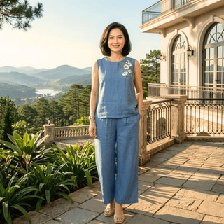 Bộ Đồ Thô Đũi Trung Niên Nữ Ngắn Tay Thêu Hoa – Chất Liệu Mềm Mát, Thoải Mái Form Thanh Lịch - Anh Thư Shop (AT42)