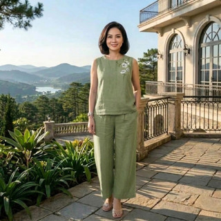 Bộ Đồ Thô Đũi Trung Niên Nữ Ngắn Tay Thêu Hoa – Chất Liệu Mềm Mát, Thoải Mái Form Thanh Lịch - Anh Thư Shop (AT42)