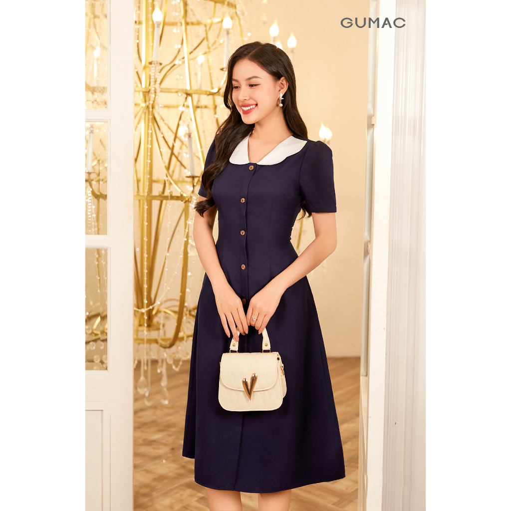 Đầm Dáng A Nữ GUMAC Váy Công Sở Phối Bâu Trắng Dáng Dài Qua Gối Nhẹ Nhàng Nữ Tính LDD1214