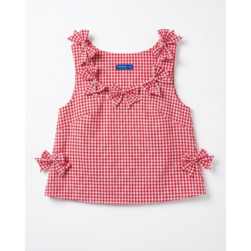TheBlueTshirt - Áo kiểu caro crop xoè sát nách trang trí nơ cho nữ - Bow Top