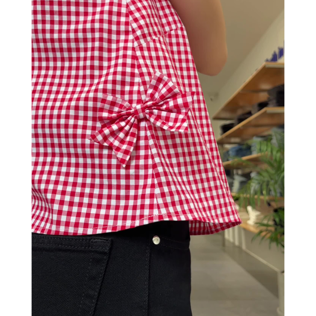 TheBlueTshirt - Áo kiểu caro crop xoè sát nách trang trí nơ cho nữ - Bow Top