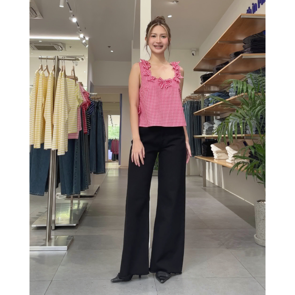 TheBlueTshirt - Áo kiểu caro crop xoè sát nách trang trí nơ cho nữ - Bow Top