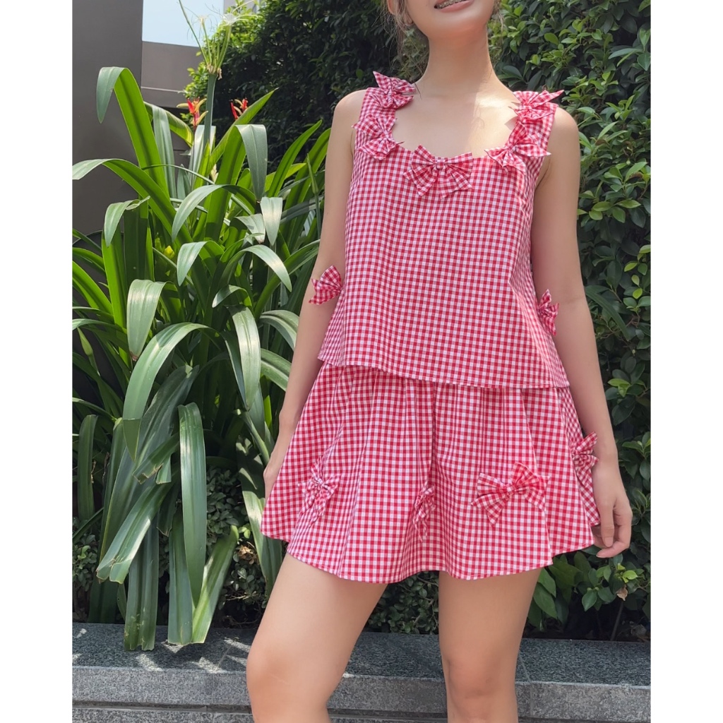 TheBlueTshirt - Áo kiểu caro crop xoè sát nách trang trí nơ cho nữ - Bow Top