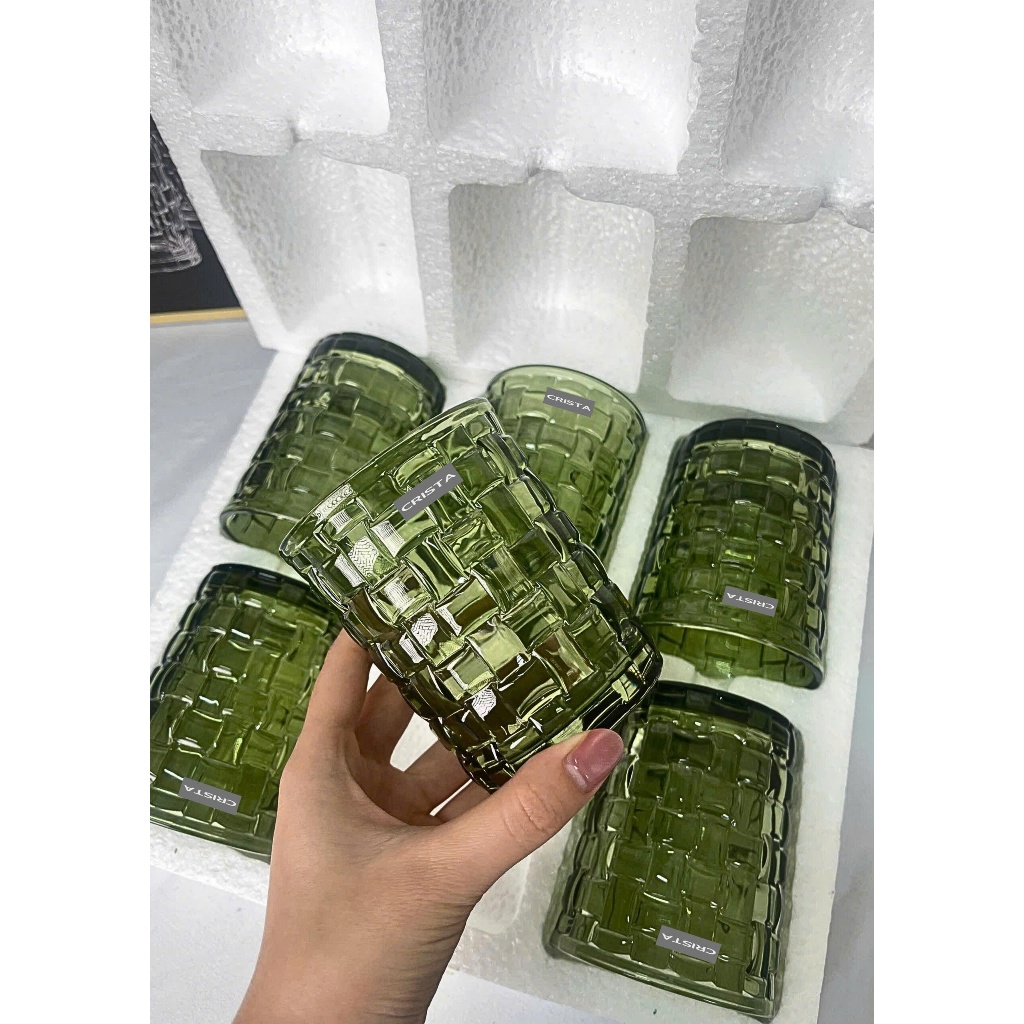 Bộ 6 Cốc Thủy Tinh Vân Caro Xanh Olive Crista Home 350ml Cao Cấp