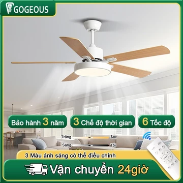 GOGEOUS Quạt Trần đèn cho phòng khách phòng ngủ 5 cánh quạt trần đèn 3 màu LED có remote nhiều size