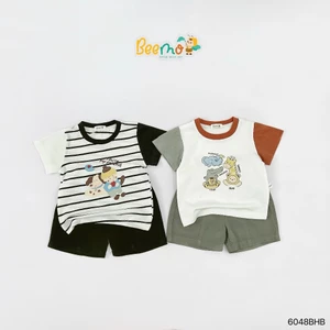 Bộ cotton tay phối in hoạ tiết phối quần kaki bé trai, bộ thun cộc tay bé trai áo cotton quần kaki