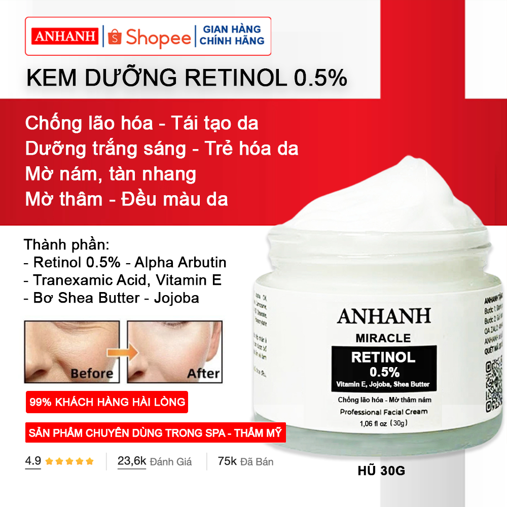 Kem Retinol 0.3% - 0.5% - 1% chống lão hóa, tái tạo da, mờ sạm nám, sáng da mờ thâm ANHANH