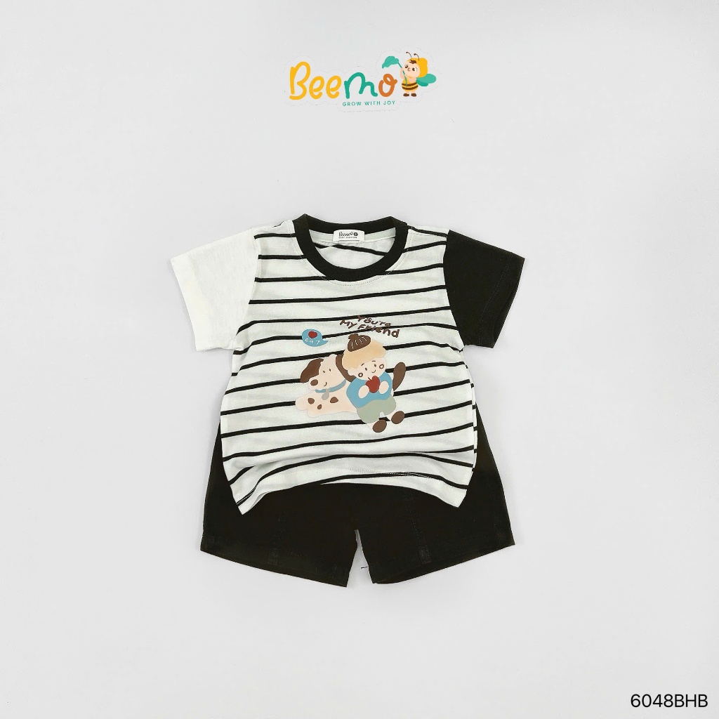 Bộ cotton tay phối in hoạ tiết phối quần kaki bé trai, bộ thun cộc tay bé trai áo cotton quần kaki