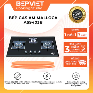 Bếp gas âm Malloca AS9403B [3 vùng nấu, có hẹn giờ tắt, mặt kính 8mm]