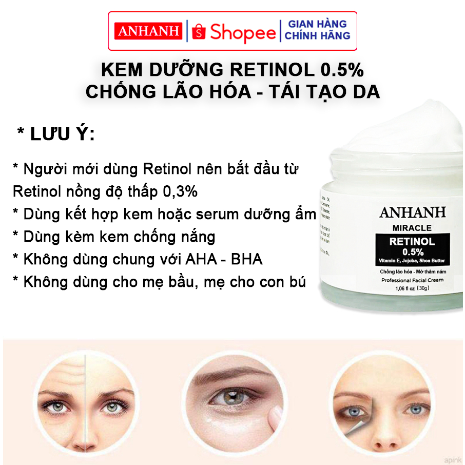 Kem Retinol 0.3% - 0.5% - 1% chống lão hóa, tái tạo da, mờ sạm nám, sáng da mờ thâm ANHANH