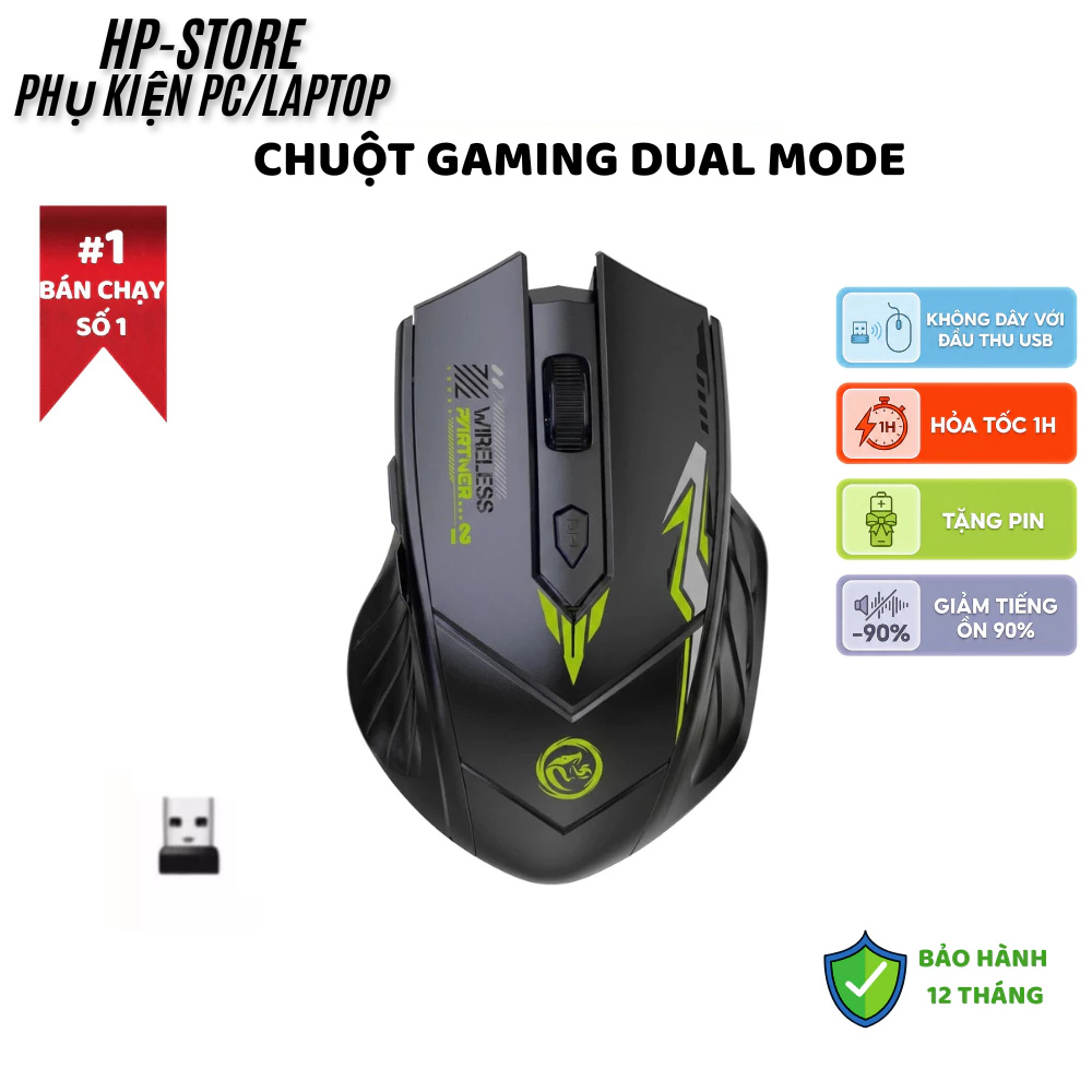 Chuột Gaming Không Dây Dual Mode (Bluetooth/Wireless) - Led Pin Sạc Type-C, Max 1600 DPI, BH 12T