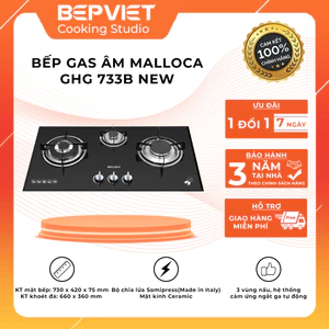 Bếp gas âm Malloca GHG 733B New [Mâm chia lửa Somipress-Made in Italy, 3 vùng nấu, mặt kính 8mm]