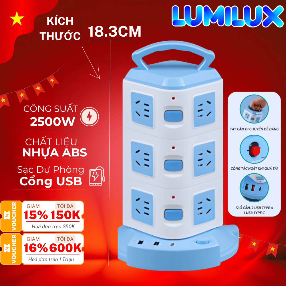 Ổ Cắm Điện Hình Trụ 3 Tầng,Chịu Tải Cao Tích Hợp Cổng Cắm USB, Thiết Kế Đứng Tiết Kiệm Diện Tích