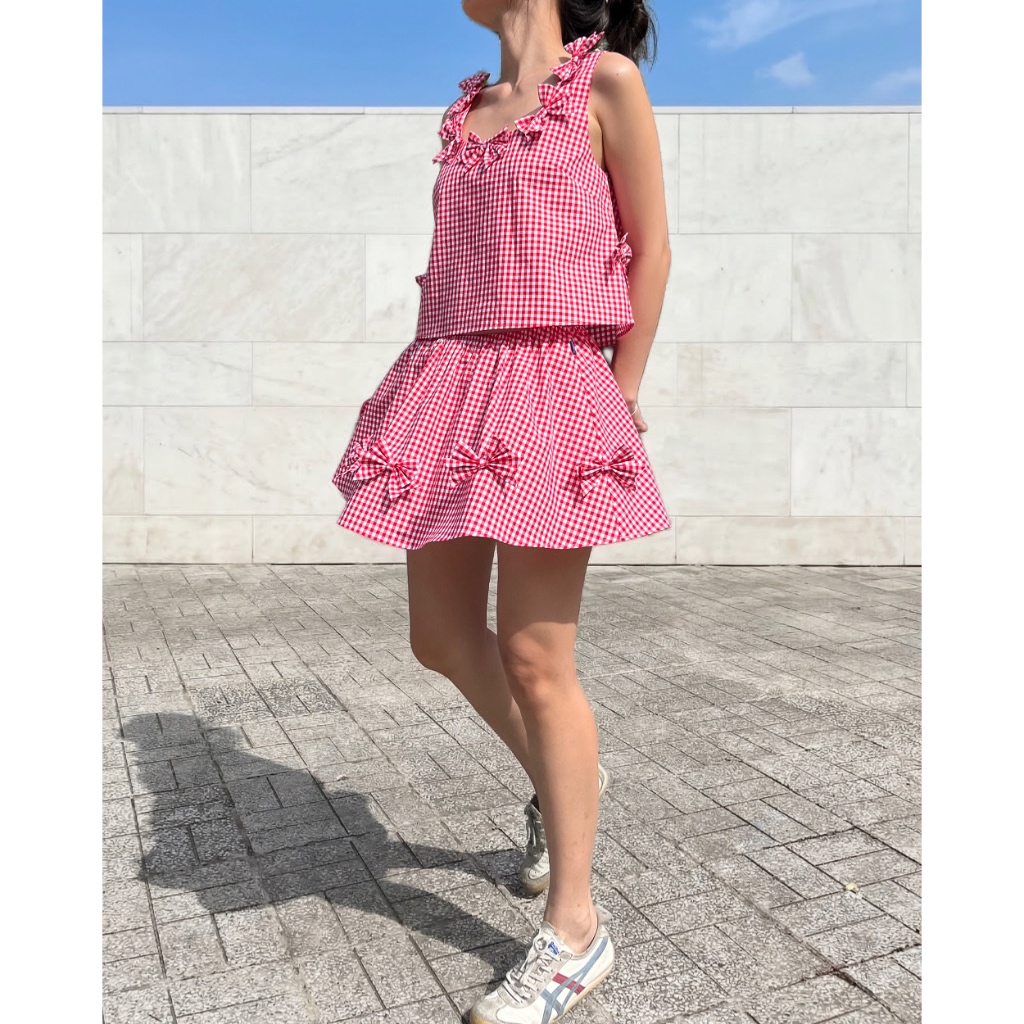 TheBlueTshirt - Chân váy caro xoè trang trí nơ có quần bảo hộ cho nữ - Bow Skirt