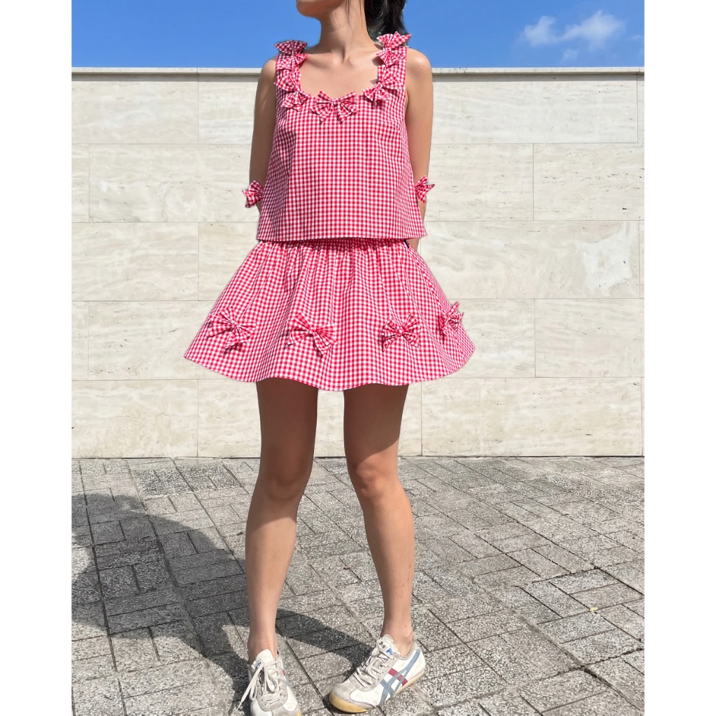 TheBlueTshirt - Chân váy caro xoè trang trí nơ có quần bảo hộ cho nữ - Bow Skirt