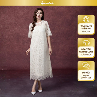SWANLAKE | Váy Đầm Nữ Maxi Suông Vải Phối Ren Thêu Hoa 2 Lớp Cổ Tròn Tay Lỡ Sang Trọng D13317