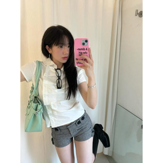 Le rouge | Pleated top Áo sơ mi cổ peter pan cúc lệch phong cách Hàn Quốc