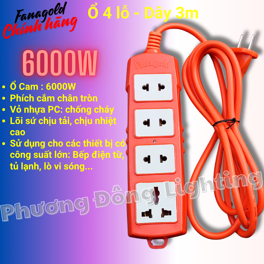 Ổ Cắm Điện Chịu tải cao Công suất 6000W - Dây dài 3m - 5m - Chính hãng FANAGOLD