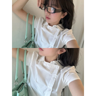 Le rouge | Pleated top Áo sơ mi cổ peter pan cúc lệch phong cách Hàn Quốc