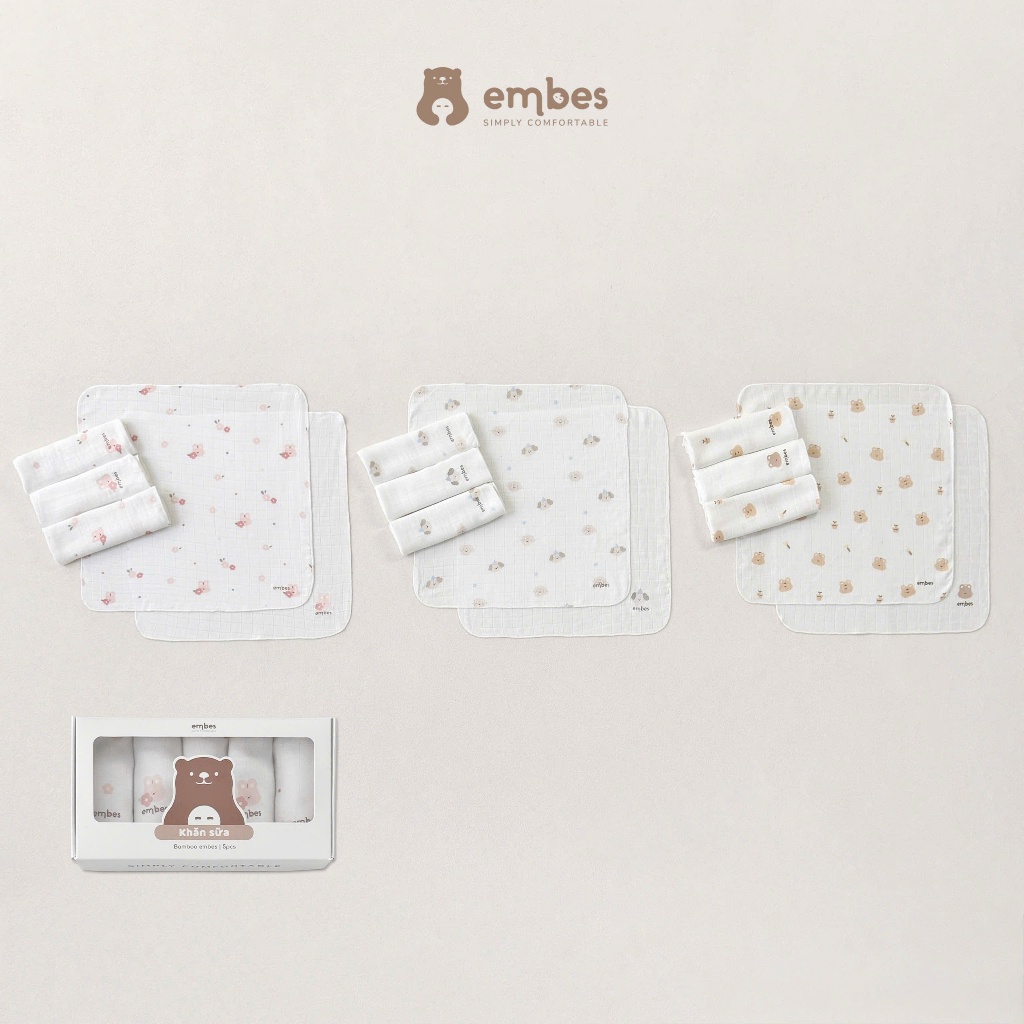 Set 5 Khắn Sữa Embes, Khăn Sữa Sợi Bamboo In Họa Tiết Kháng Khuẩn Thấm Hút Tốt Cho Bé, KT (30x30cm)