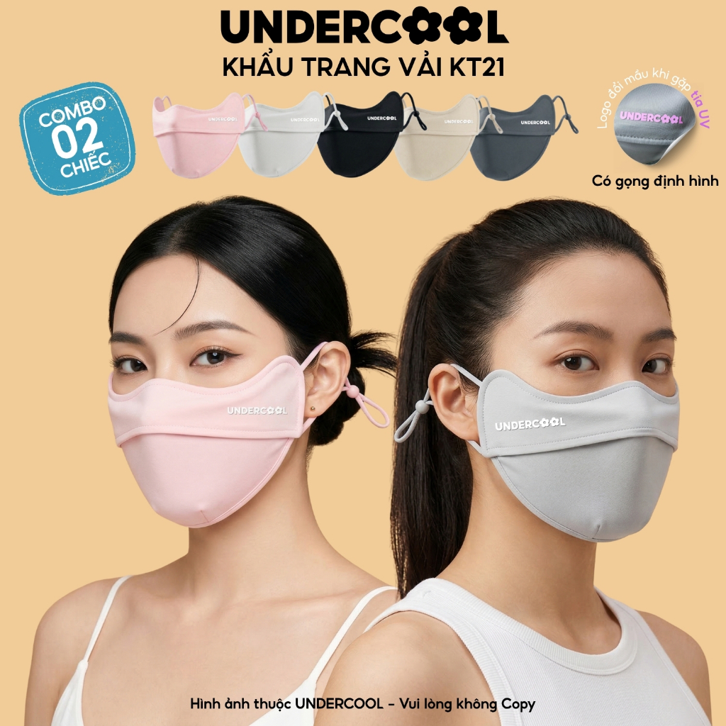 COMBO 2 Chiếc Khẩu Trang Vải Chống Nắng UNDERCOOL - Chống Tia UV, Có Gọng Định Hình, Logo Đổi Màu Khi Gặp Nắng CB-KT21