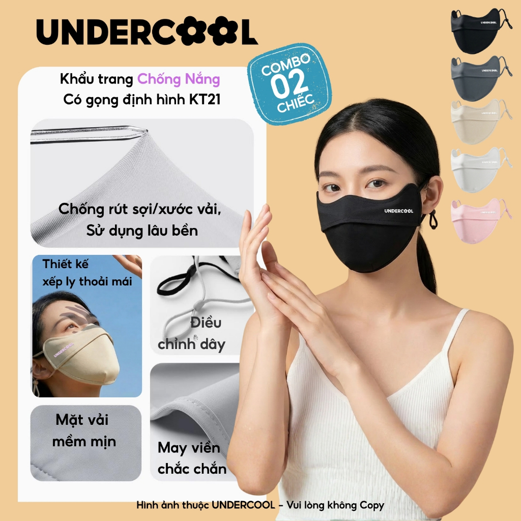 COMBO 2 Chiếc Khẩu Trang Vải Chống Nắng UNDERCOOL - Chống Tia UV, Có Gọng Định Hình, Logo Đổi Màu Khi Gặp Nắng CB-KT21