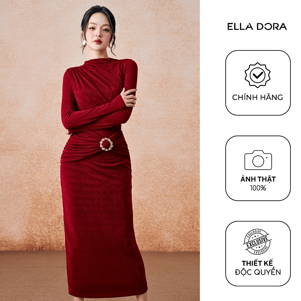 Đầm drap eo nữ ELLA DORA form ôm đính khoen đá thiết kế dáng dài thanh lịch hiện đại [D271]