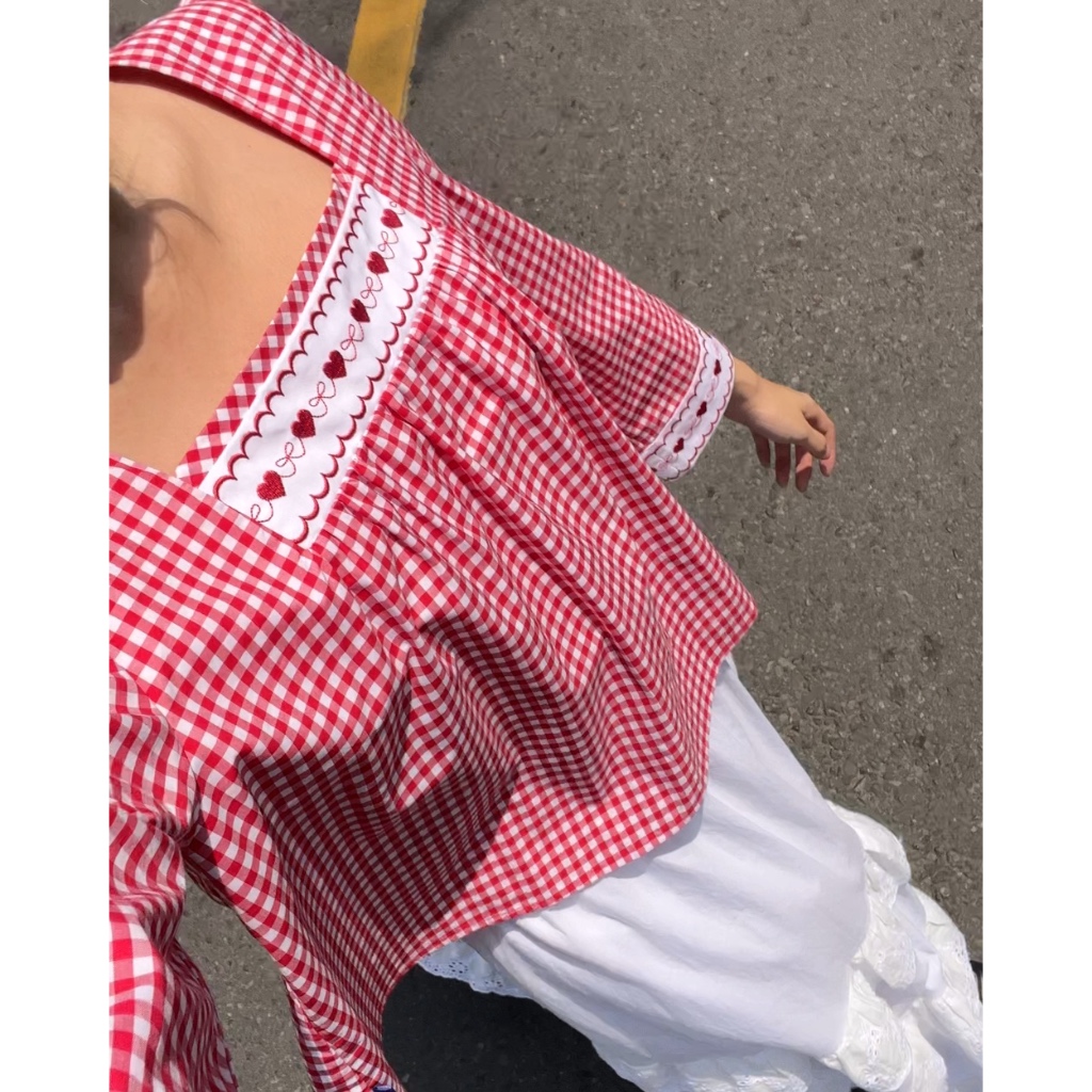 TheBlueTshirt - Áo kiểu caro kẻ sọc tay dài cổ chữ U thêu hoạt tiết cho nữ - Jo Blouse