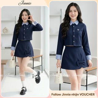 Set Áo Croptop Phối Kẻ Mix Chân Váy Ngắn Chữ A Đính Nơ Tiểu Thư Dễ Thương Phong Cách Hàn Quốc