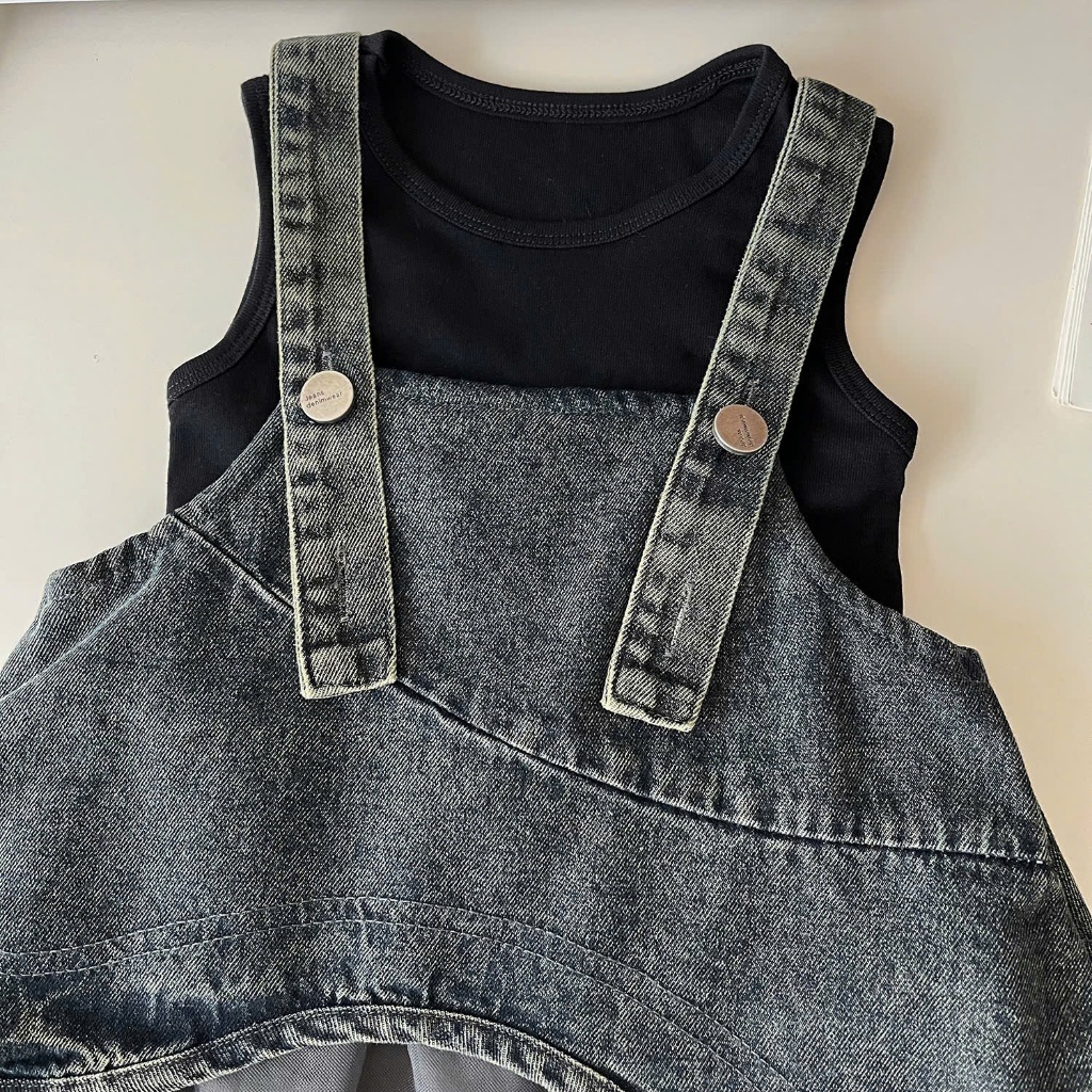 Set đầm bé gái yếm jean phối váy voan mềm nhiều lớp phong cách dễ thương đi chơi đi tiệc