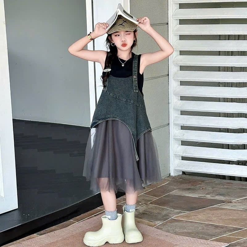 Set đầm bé gái yếm jean phối váy voan mềm nhiều lớp phong cách dễ thương đi chơi đi tiệc