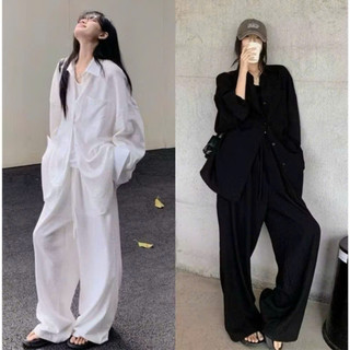 Set Đồ Bigsize Nữ Vải Đũi Vân Mây Mềm Mát Áo Sơ Mi Tay Dài Kèm Quần Ống Rộng Cạp Chun SET858