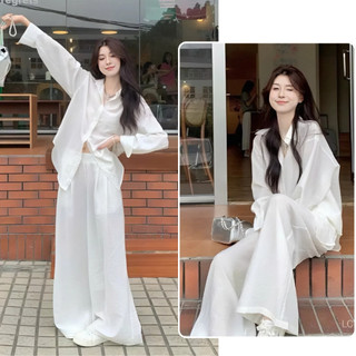 Set Đồ Bigsize Nữ Vải Đũi Vân Mây Mềm Mát Áo Sơ Mi Tay Dài Kèm Quần Ống Rộng Cạp Chun SET858