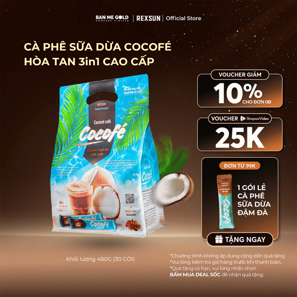Cà phê sữa dừa Cocofe - cafe dừa healthy túi 480g (30 gói) - cà phê hòa ...