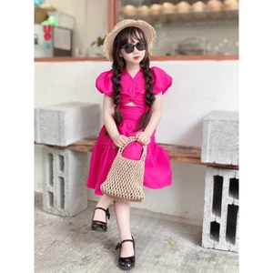 Set áo croptop tay phồng phối chân váy xòe, set maxi đôi mẹ và bé gái đi biển, đi chơi