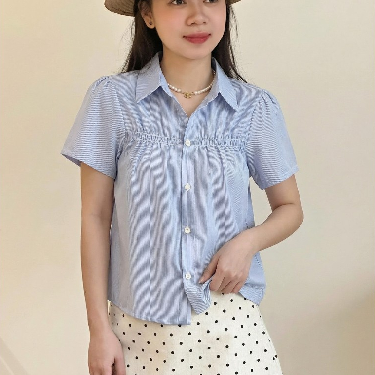Áo Sơ Mi Nữ BABEE Tay Ngắn Nhún Ngực Ôm Dáng Họa Tiết Kẻ Sọc Phong Cách Trẻ Trung Thanh Lịch Cá Tính