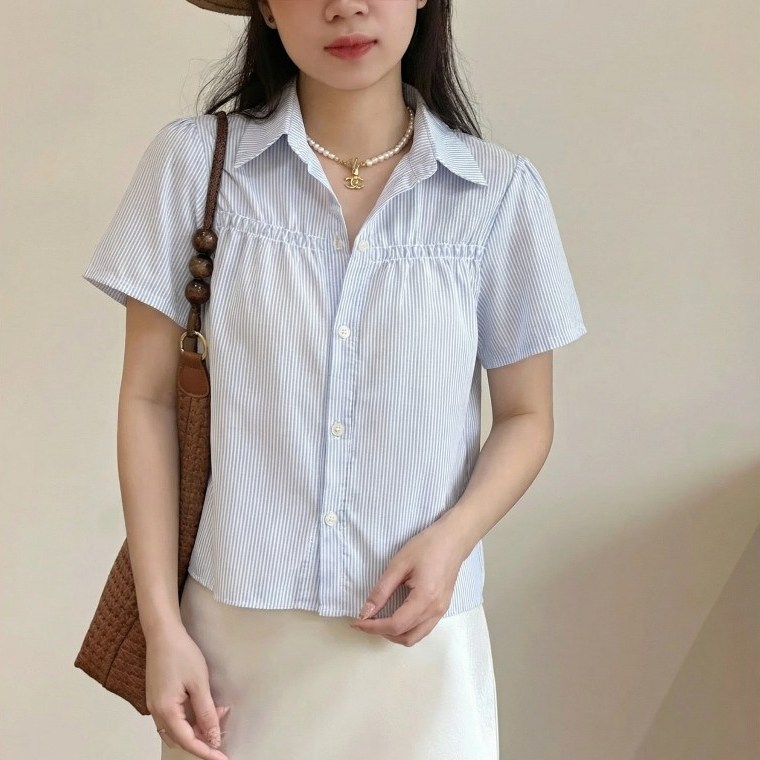 Áo Sơ Mi Nữ BABEE Tay Ngắn Nhún Ngực Ôm Dáng Họa Tiết Kẻ Sọc Phong Cách Trẻ Trung Thanh Lịch Cá Tính