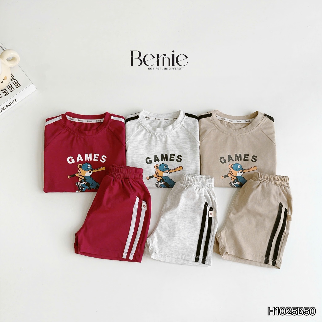 Bộ cotton bé trai in hoạ tiết, bộ thun phong cách thể thao vải cotton mềm mát cho bé
