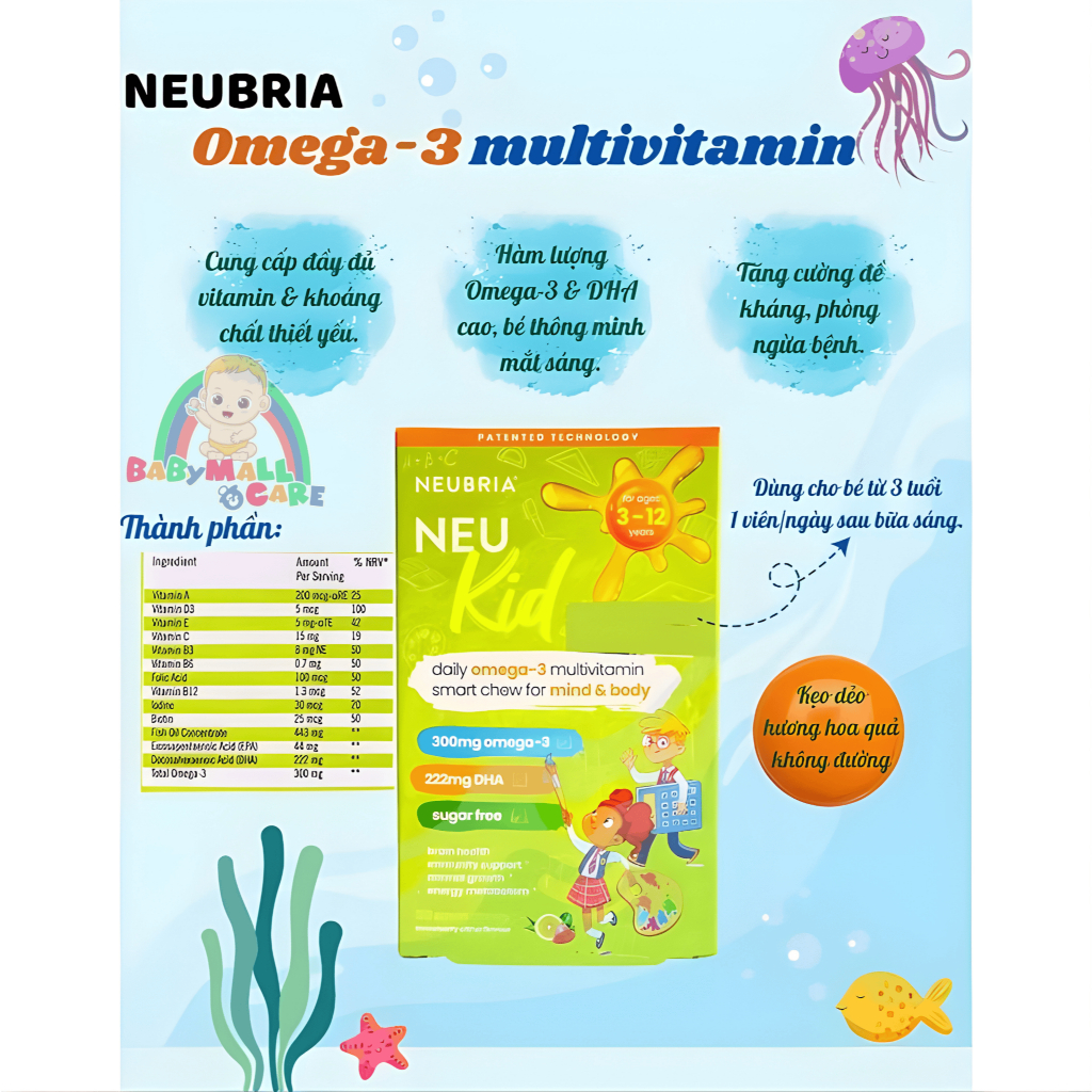 Kẹo Dẻo Neubria Neu Kid Omega 3 Multivitamin 30 Viên Hỗ Trợ Bổ Sung DHA Cho Bé 3-12T Babymall & Care