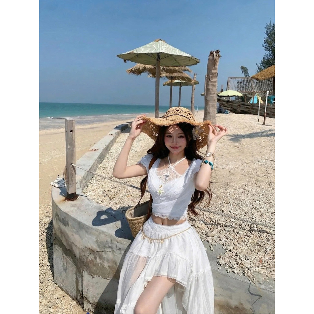 Set áo trễ vai cổ yếm phối chân váy đuôi cá cách điệu TABISHOP Set đồ đi biển cá tính mặc du lịch dễ thương(299)
