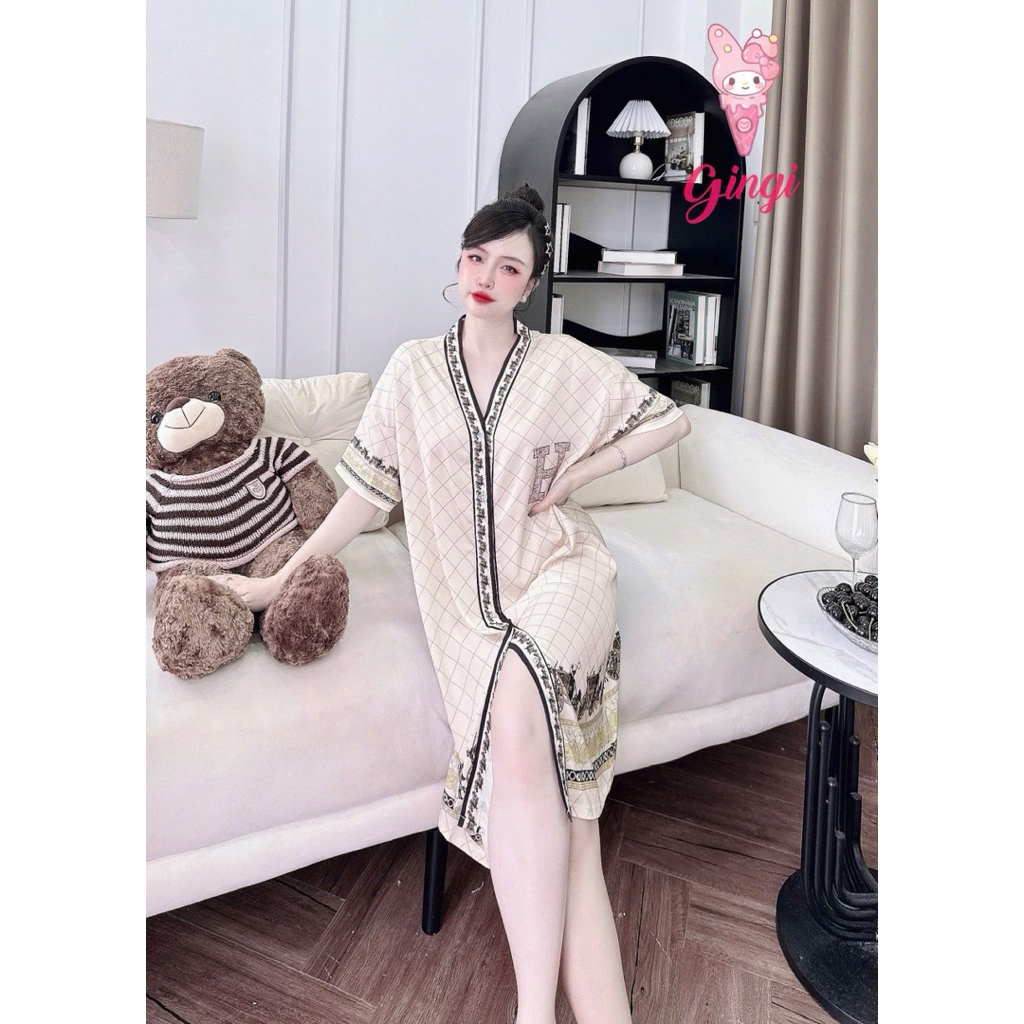 (size 45/65kg)Đầm sơ mi phom dáng dài qua gối,lụa latin mềm nhẹ mát,hoạ tiết xinh