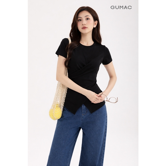 Áo Thun Nữ Cổ Tròn GUMAC Tay Ngắn Kiểu Đắp Vạt Chéo Xoắn Eo Tôn Dáng Chất Liệu Thun Gân Mềm Co Giãn LATF0521