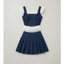Set đồ bé gái áo croptop denim phối ren bèo kèm chân váy xếp ly dáng A phong cách tiểu thư mẹ và bé